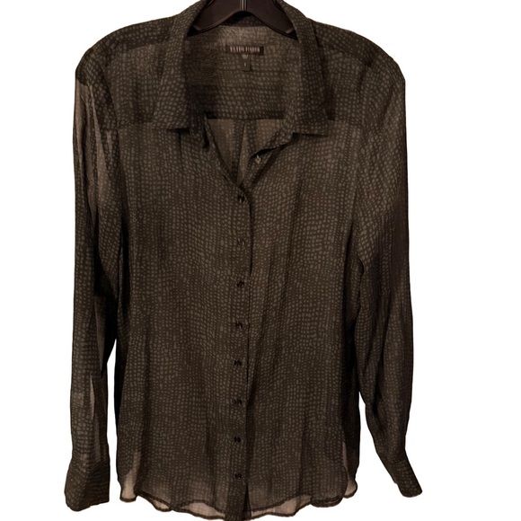 Eileen Fisher Women’s Button Down 100% SILK Blouse Black/gray Sheer Sz S - Picture 1 of 7